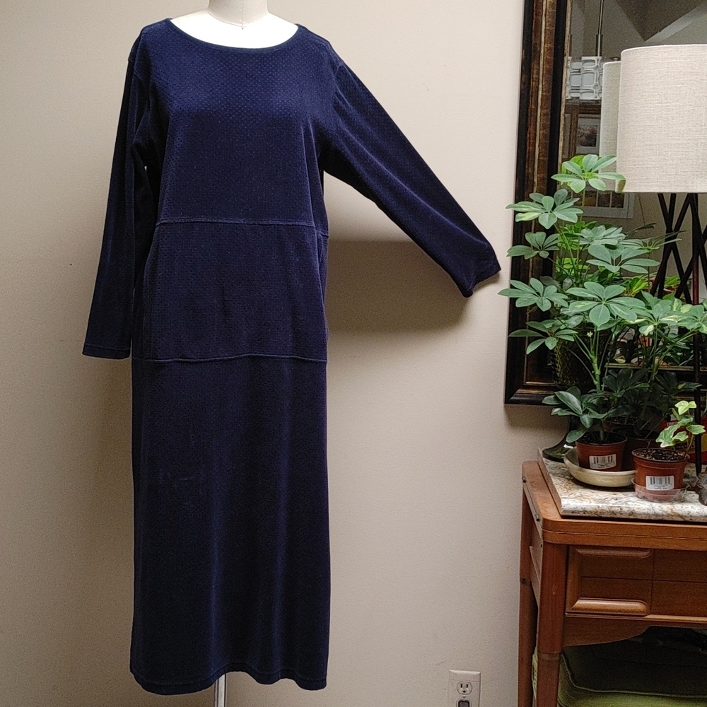 Blue Embossed Velvet Long Sleeve Maxi Dress Muffler Pocket M - Picture 4 of 12
